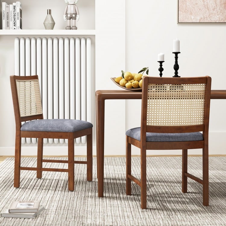 Rattan dining chair set of 2 with rubber wood frame and linen fabric padded seat, perfect for dining rooms or offices.