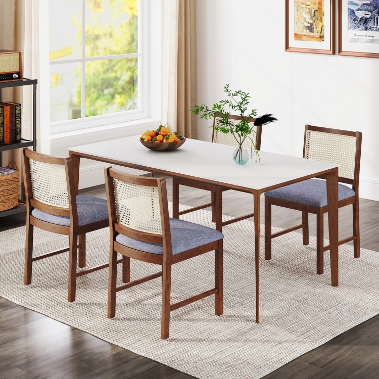 Rattan dining chair set with rubber wood frame and linen fabric padded seats, ideal for dining rooms and cozy spaces.