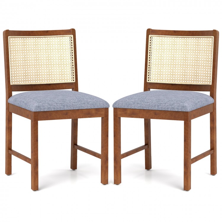 Set of 2 rattan dining chairs with walnut rubber wood frames and linen fabric padded seats, perfect for dining areas.