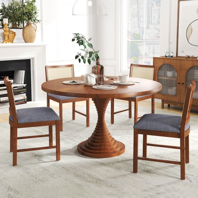 Rattan dining chair set of 2 with rubber wood frame and linen fabric padded seat in brown, perfect for dining areas.