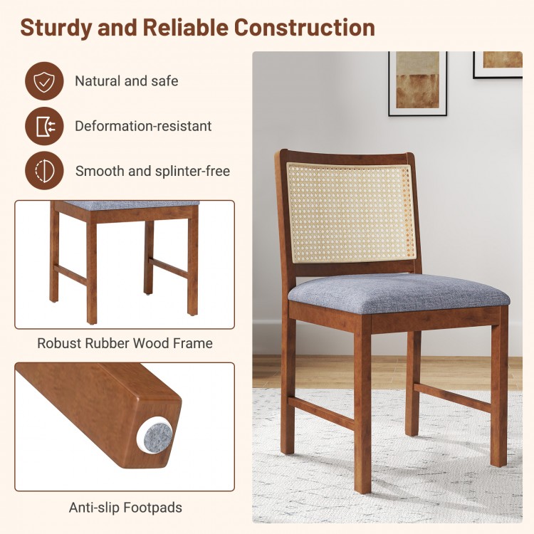 Rattan dining chair with rubber wood frame and padded linen seat, showcasing a unique texture for a cozy dining area.