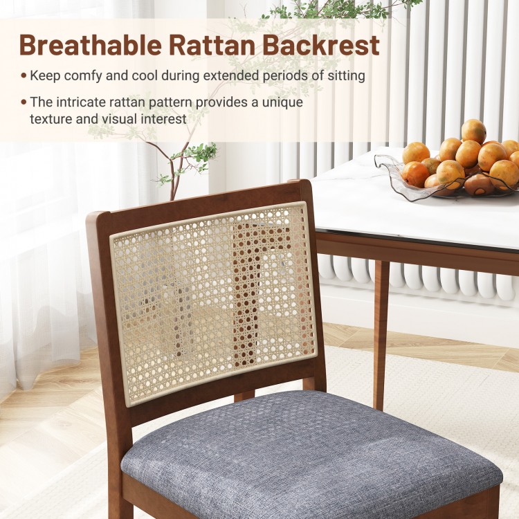 Rattan dining chair with rubber wood frame and padded linen seat, featuring a breathable rattan backrest for comfort.