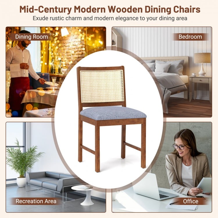 Rattan dining chair with rubber wood frame and linen fabric padded seat, perfect for dining rooms and cozy settings.