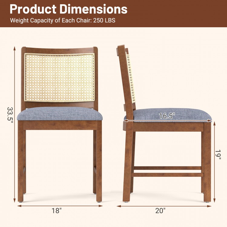 Rattan dining chair dimensions with rubber wood frame, padded linen seat, and rattan backrest for comfort and style.