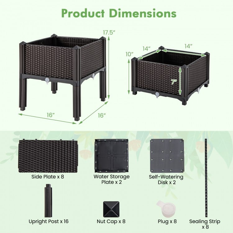 Elevated plastic raised garden bed planter kit in brown, featuring two 16" x 16" boxes with self-watering disk for easy.