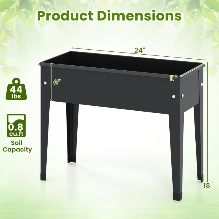 Elevated metal planter box with legs, 24"x11"x18", featuring drainage holes for healthy plant growth and rust.