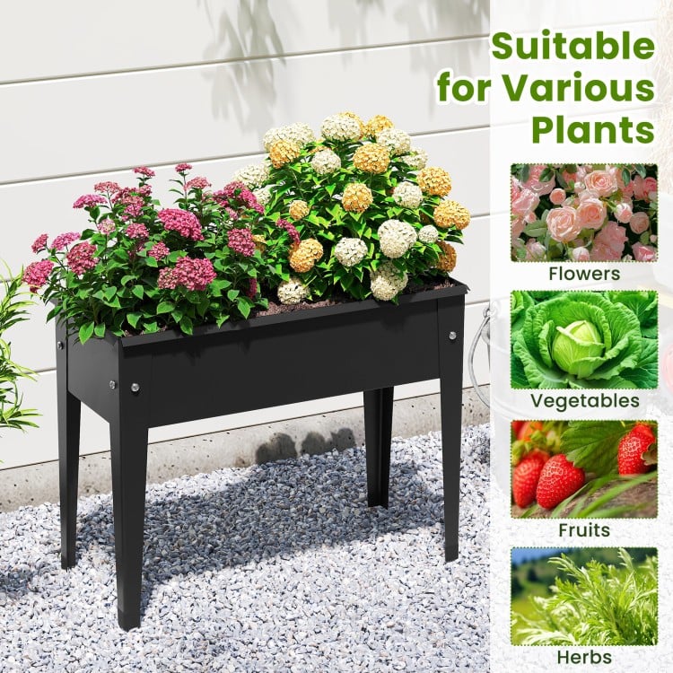 Elevated metal planter box with legs, featuring drainage holes, suitable for flowers, vegetables, and herbs.