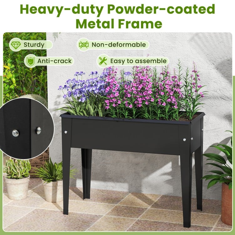Elevated metal planter box with legs, featuring drainage holes and a sturdy powder-coated frame for easy plant.