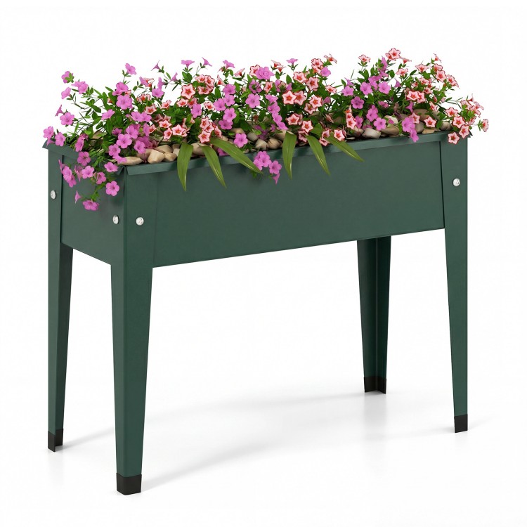 Elevated green metal gardening box with legs, featuring flowers, for easy planting and excellent weather resistance.