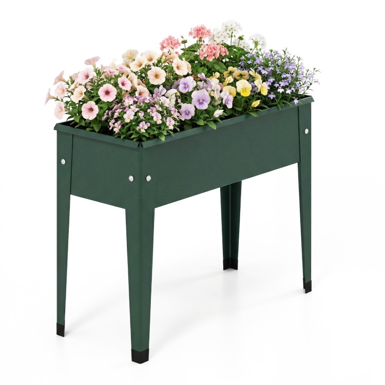 Elevated green metal gardening box with legs, featuring flowers, designed for easy planting and healthy growth.