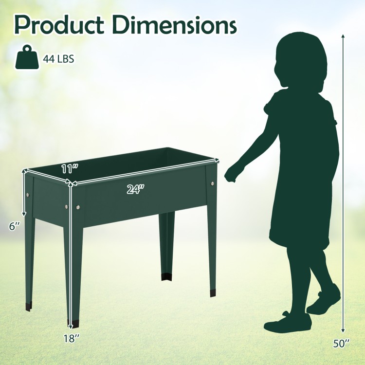 Elevated metal gardening box in green with dimensions 24" x 18" x 6", ideal for growing plants without bending.