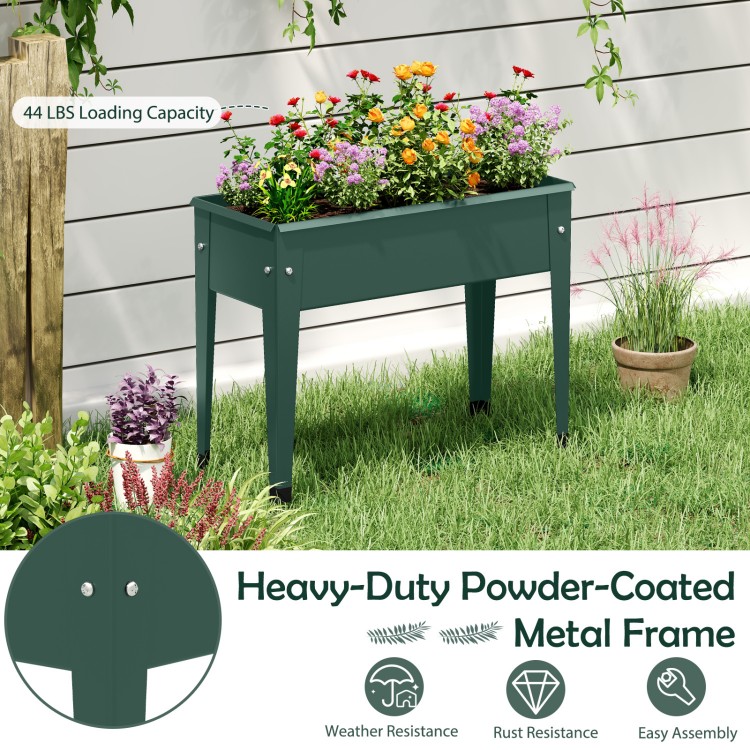 Elevated green metal gardening box with legs, featuring weather and rust resistance, ideal for growing plants and.