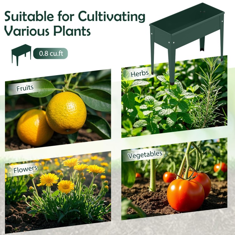 Elevated green metal gardening box with legs, suitable for cultivating flowers, herbs, vegetables, and fruits.