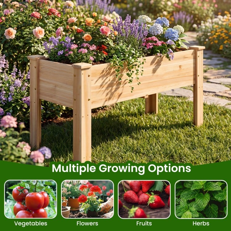 Elevated wooden planter box for vegetables, flowers, and herbs, featuring durable fir wood and ample growing space.