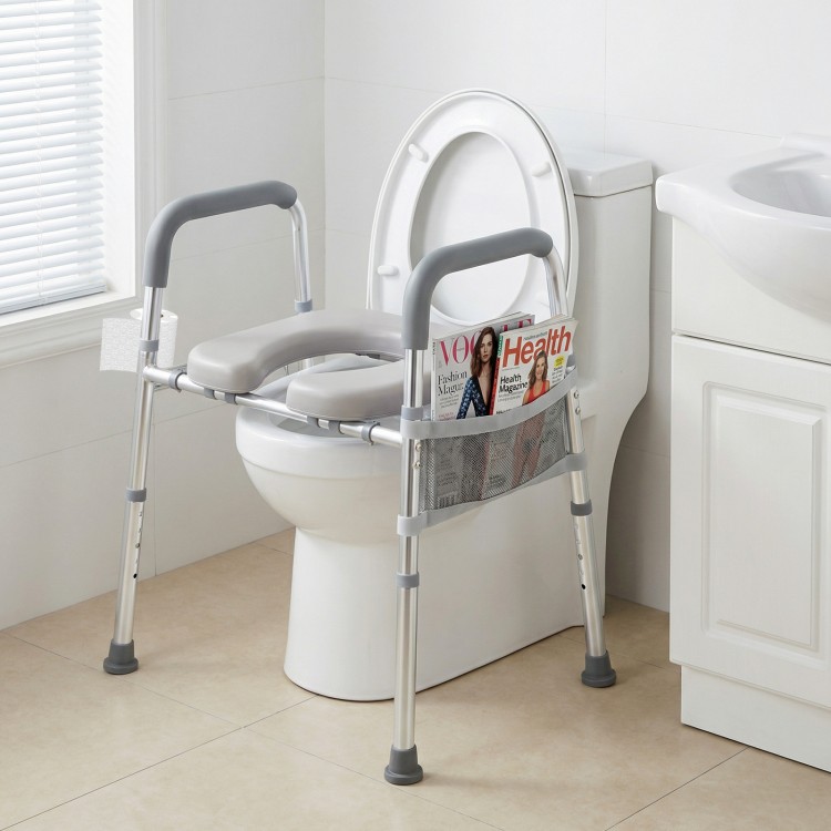Raised toilet seat with handles and padded arms, adjustable height for seniors, includes magazine storage and non-slip.
