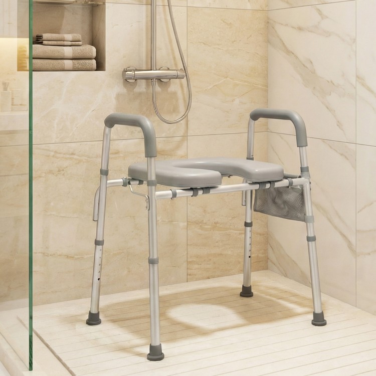 Raised toilet seat with handles and padded arms, adjustable height, ideal for seniors, also serves as a shower chair.