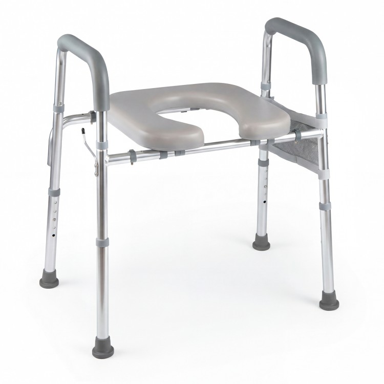 Raised toilet seat with handles and padded arms, adjustable height, waterproof cover, ideal for seniors and limited.
