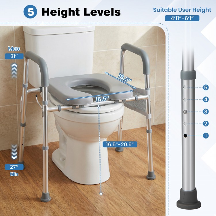 Raised toilet seat with handles, adjustable height 16.5"-20.5", padded arms for comfort, ideal for seniors and limited.