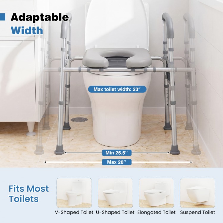 Raised toilet seat with padded arms, adjustable width, and sturdy aluminum frame for seniors and those with limited.
