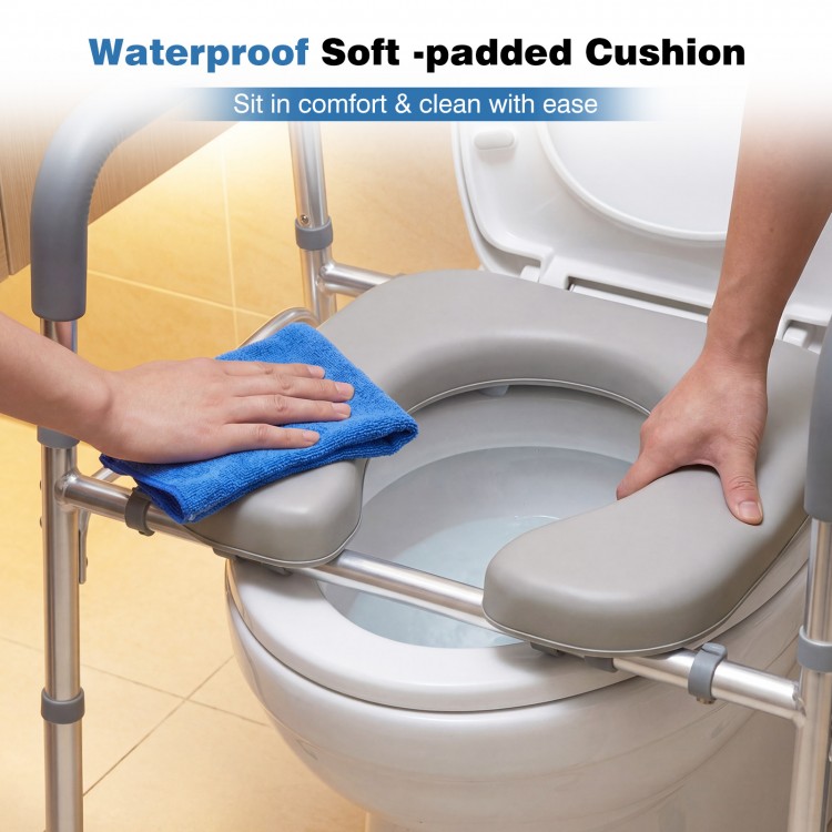 Raised toilet seat with waterproof soft-padded cushion and handles, designed for comfort and stability for seniors.