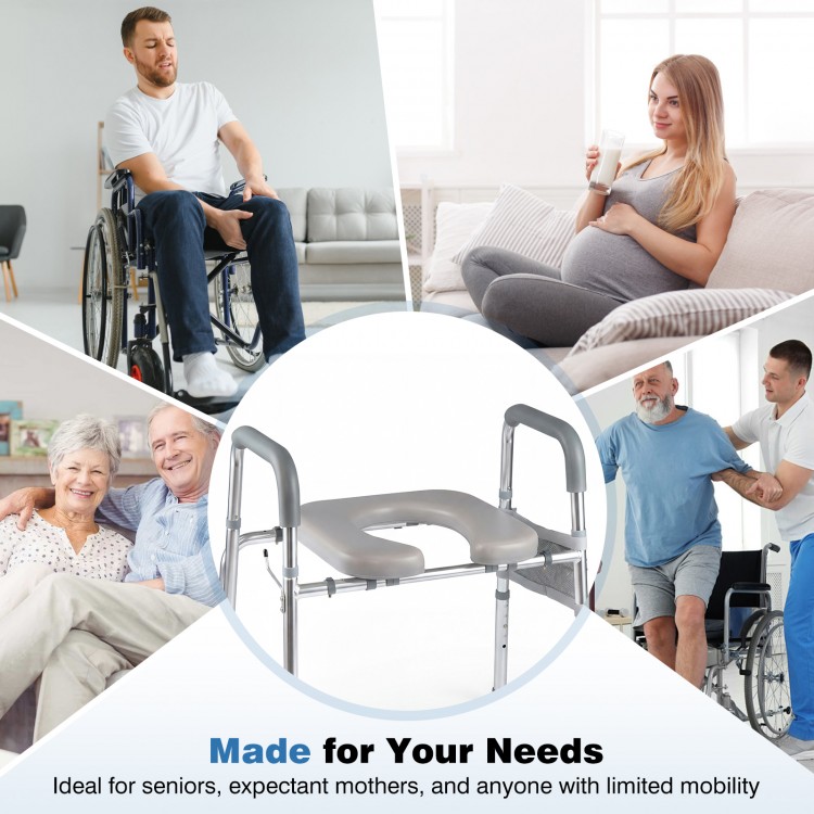 Raised toilet seat with handles and padded arms, adjustable height for seniors and expectant mothers, ideal for comfort.