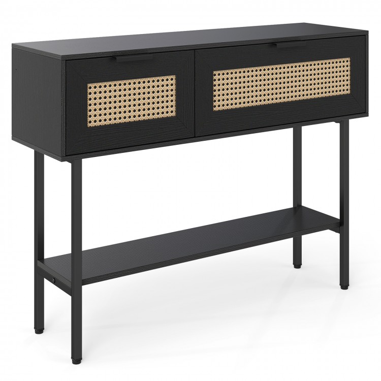 Rattan console table with two storage cabinets and shelf, featuring a black carbon steel frame for stylish organization.