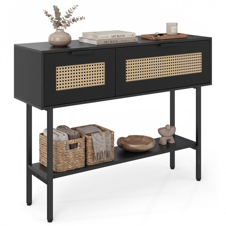 Rattan console table with a wide top and open shelf, showcasing a sleek black carbon steel frame for modern decor.