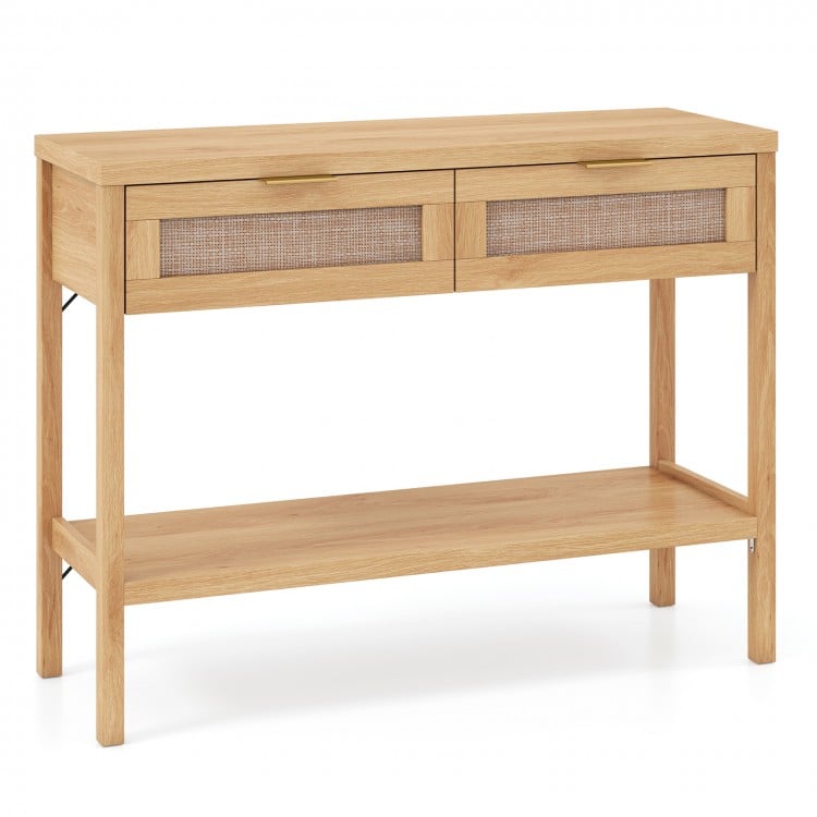 Natural rattan console table with two drawers and bottom shelf, ideal for decorative display and storage solutions.