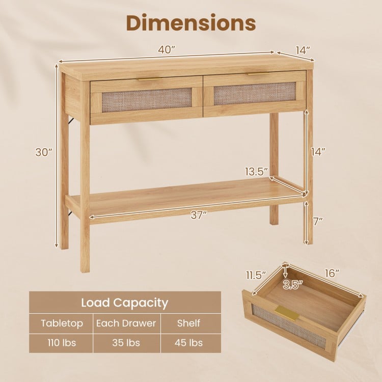 Rattan console table with two drawers and bottom shelf, featuring a natural finish and sturdy metal frame for stability.