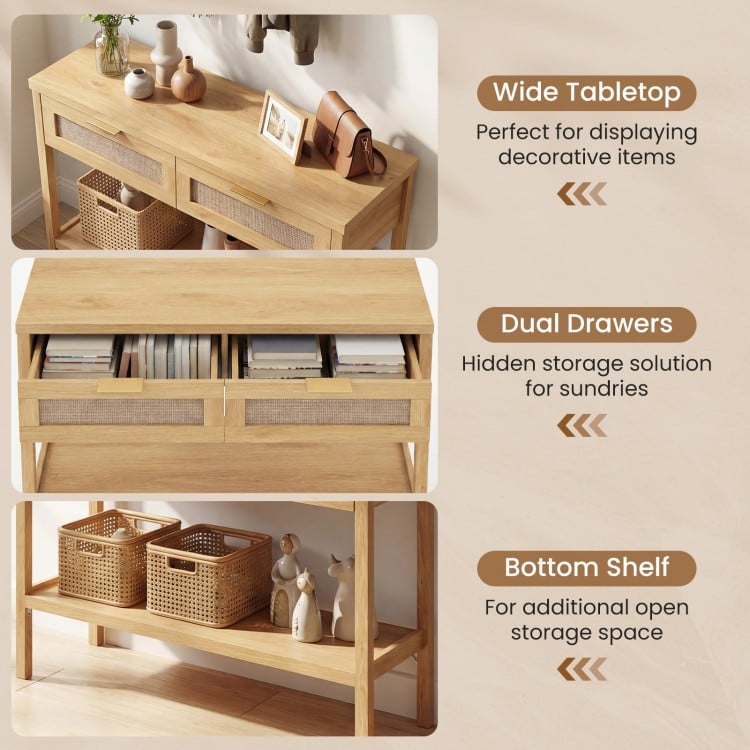Rattan console table with wide tabletop, dual drawers, and bottom shelf for stylish and functional storage.