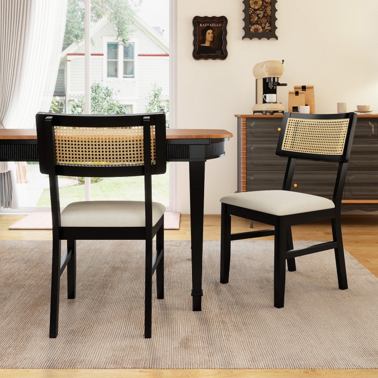 Black rattan dining chairs set of 2 with padded seats, rubber wood legs, and breathable backrest for kitchen comfort.