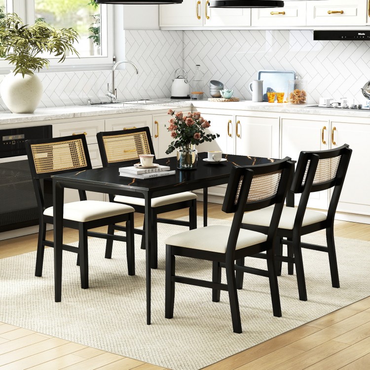 Black rattan dining chairs set of 2 with padded seats, rubber wood legs, ideal for kitchen dining.