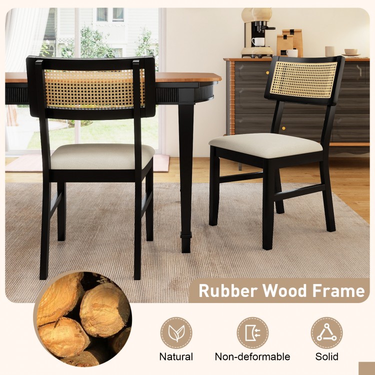 Rattan dining chairs set of 2 with padded seats, rubber wood frame, and breathable backrest for kitchen comfort.
