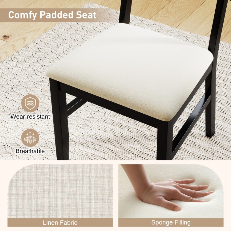 Comfy padded seat of a rattan dining chair, featuring breathable linen fabric and sponge filling for added comfort.