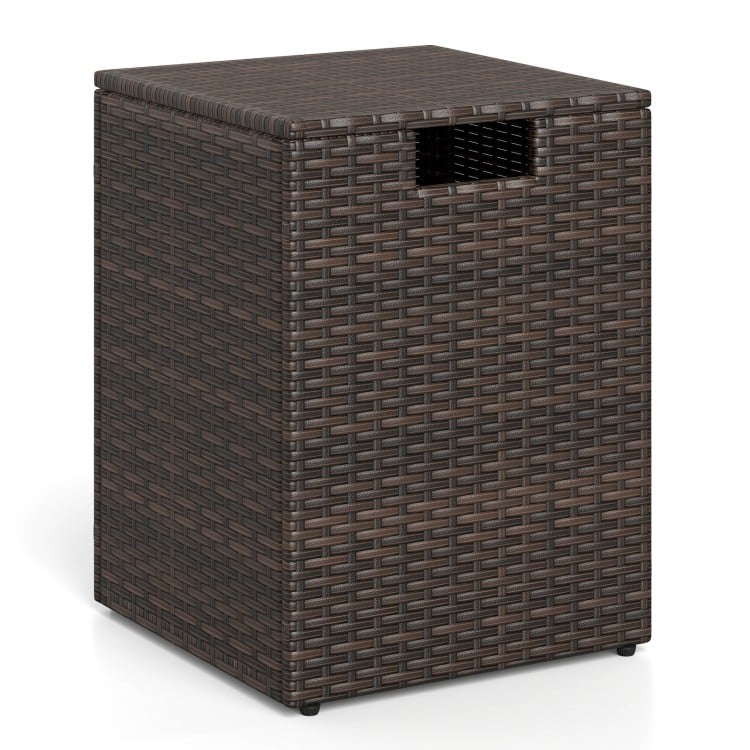 Rattan propane tank cover with flip-top lid, brown PE rattan, ideal for patio storage or as a side table.