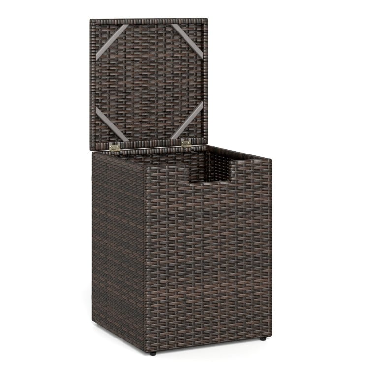 Brown rattan propane tank cover with flip-top lid, ideal for outdoor patios and gardens, providing stylish storage.