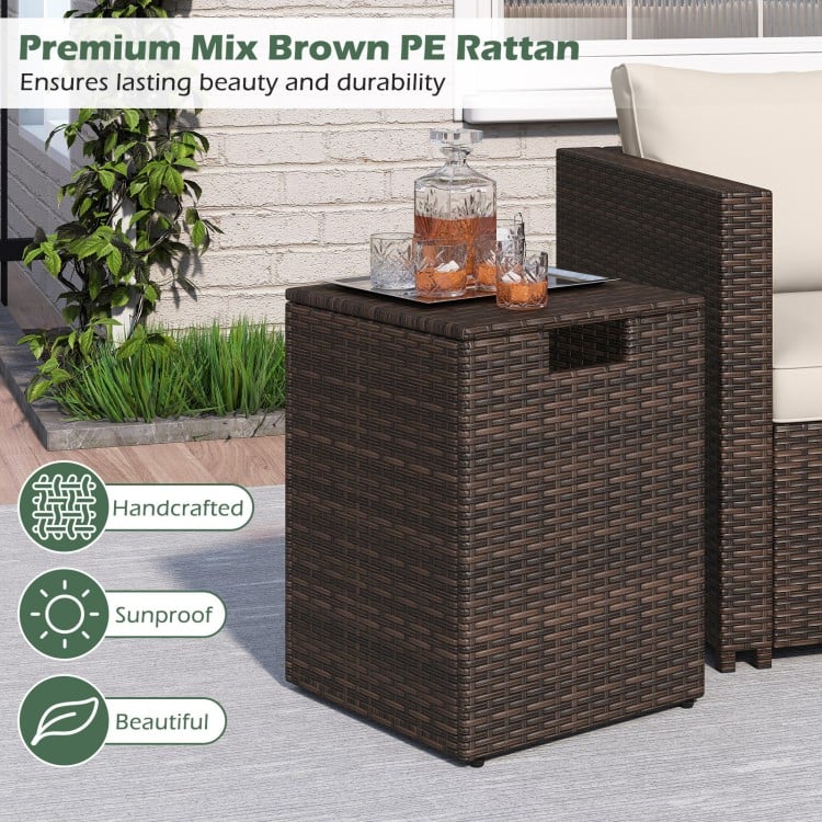 Brown PE rattan propane tank cover with flip-top lid, serving as a side table for patios and gardens.