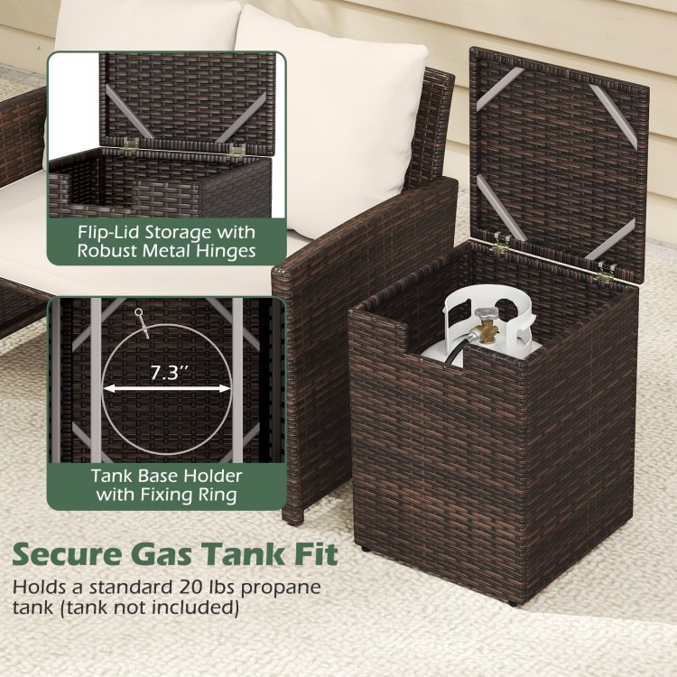 Rattan propane tank cover with flip-top lid, holds standard 20 lbs tank, ideal for patio side table storage.