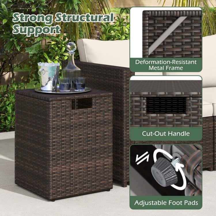 Rattan propane tank cover side table in brown with flip-top lid, cut-out handle, and adjustable foot pads for outdoor.