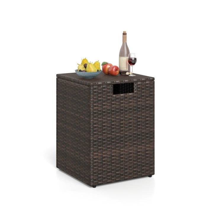 Rattan propane tank cover and side table in brown with flip-top lid for outdoor storage, ideal for patios and gardens.