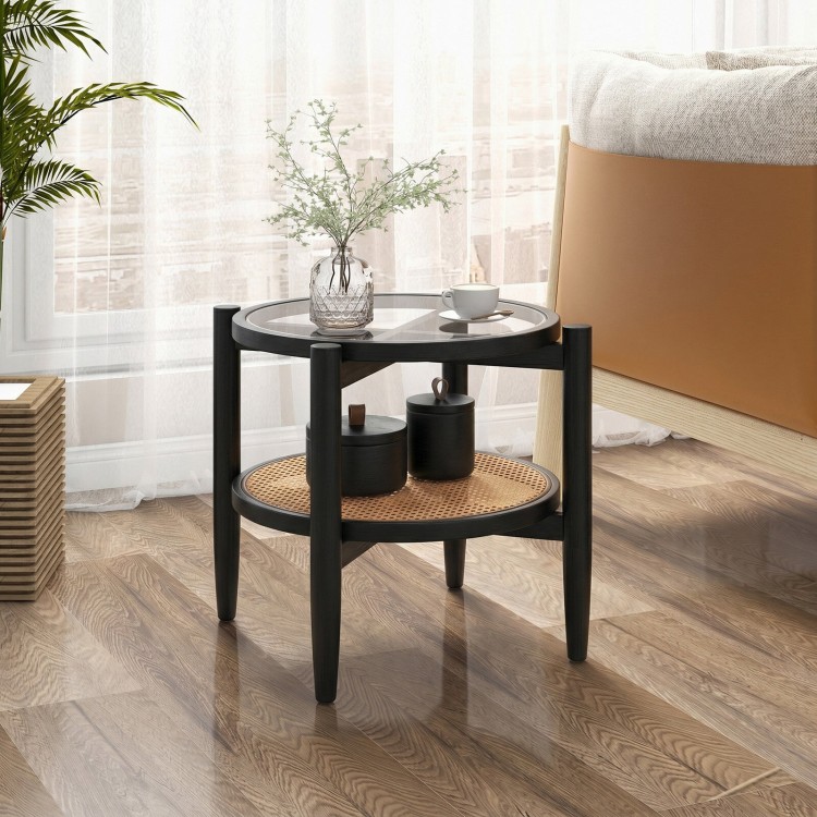 Rattan round side end table with tempered glass top, acacia wood legs, and two-tier storage for versatile use.