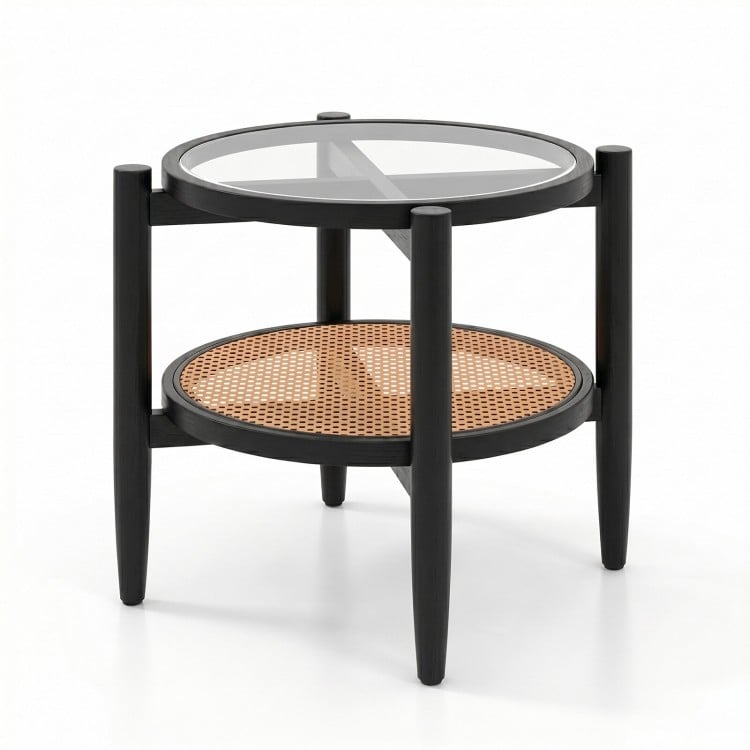 Rattan round side end table with tempered glass top, featuring acacia wood legs and 2-tier storage for versatile use.