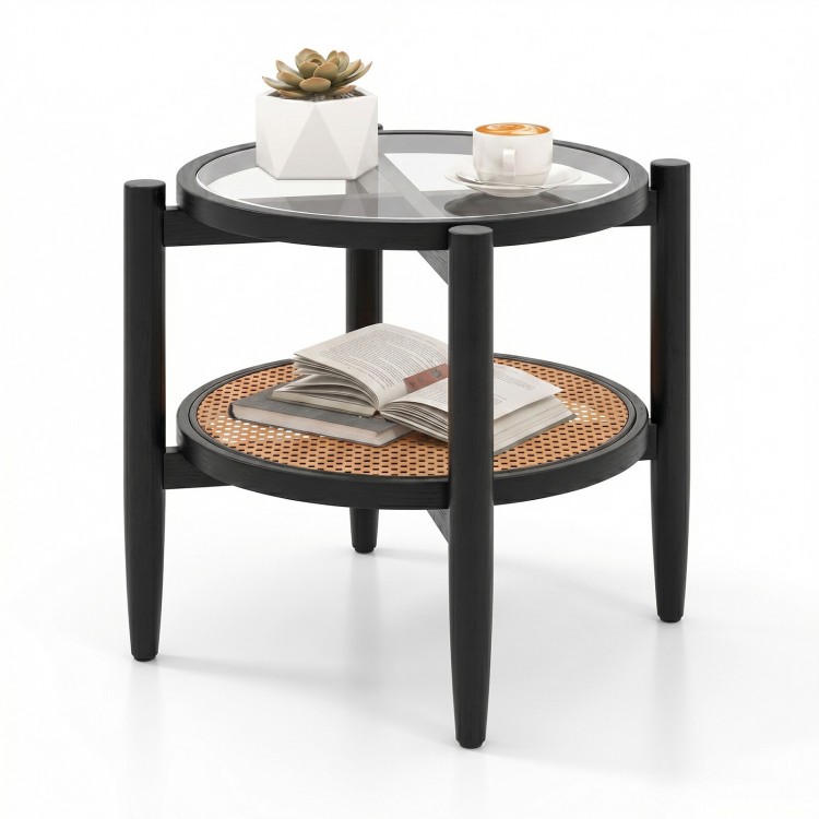Round side end table with tempered glass top, acacia wood legs, and PE rattan shelf for versatile storage and decor.