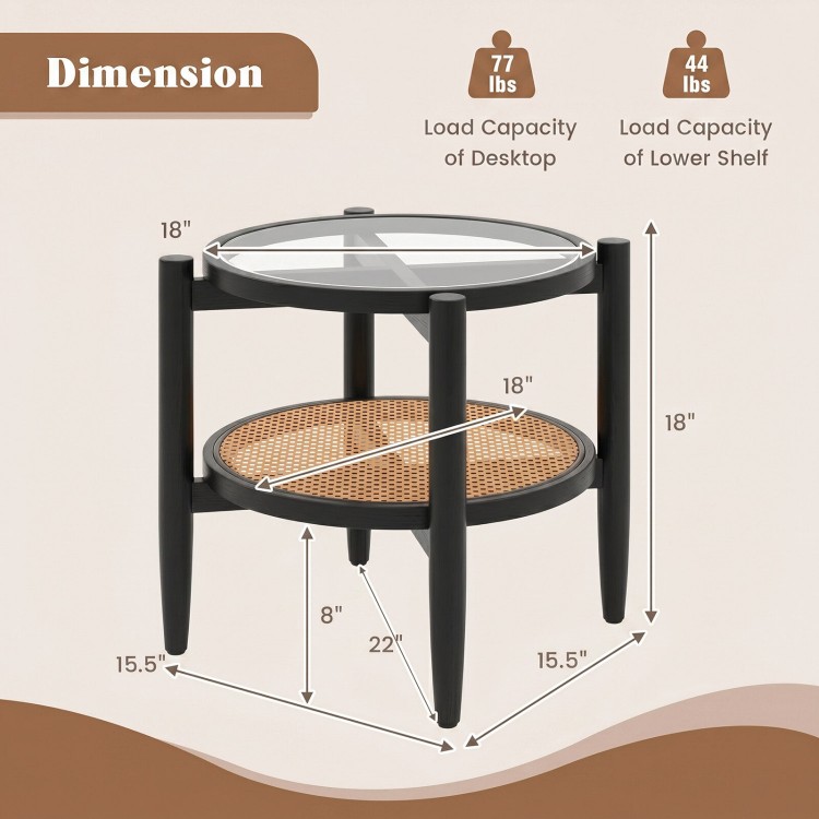 Rattan round side end table with tempered glass top, featuring acacia wood legs and two-tier storage for versatile use.