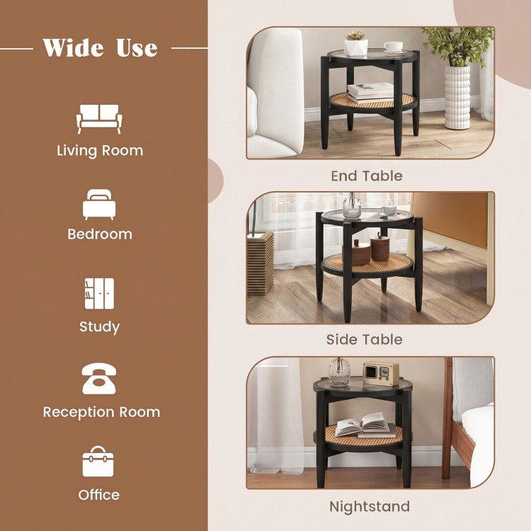 Rattan round side end table with tempered glass top, featuring acacia wood legs, ideal for living room or office use.