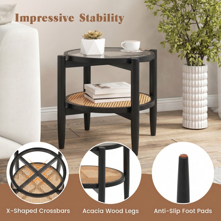 Rattan round side end table with tempered glass top, acacia wood legs, and 2-tier storage for versatile home use.