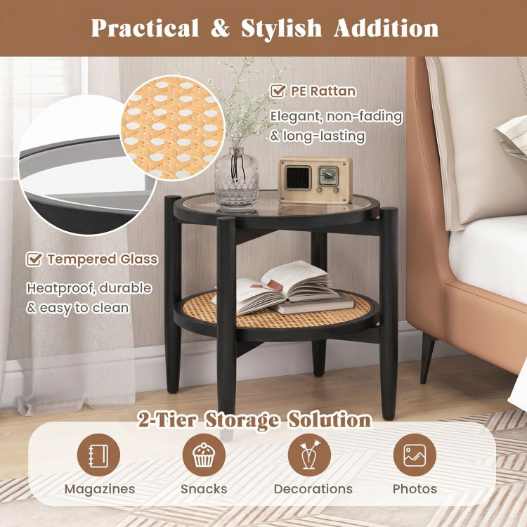 Rattan round side end table with tempered glass top, featuring acacia wood legs, ideal for magazines and snacks.