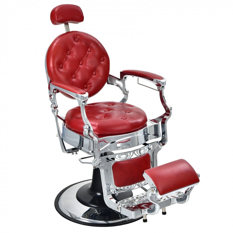 Vintage barber chair in red PVC leather with adjustable height, headrest, and 360° rotation for ultimate customer.