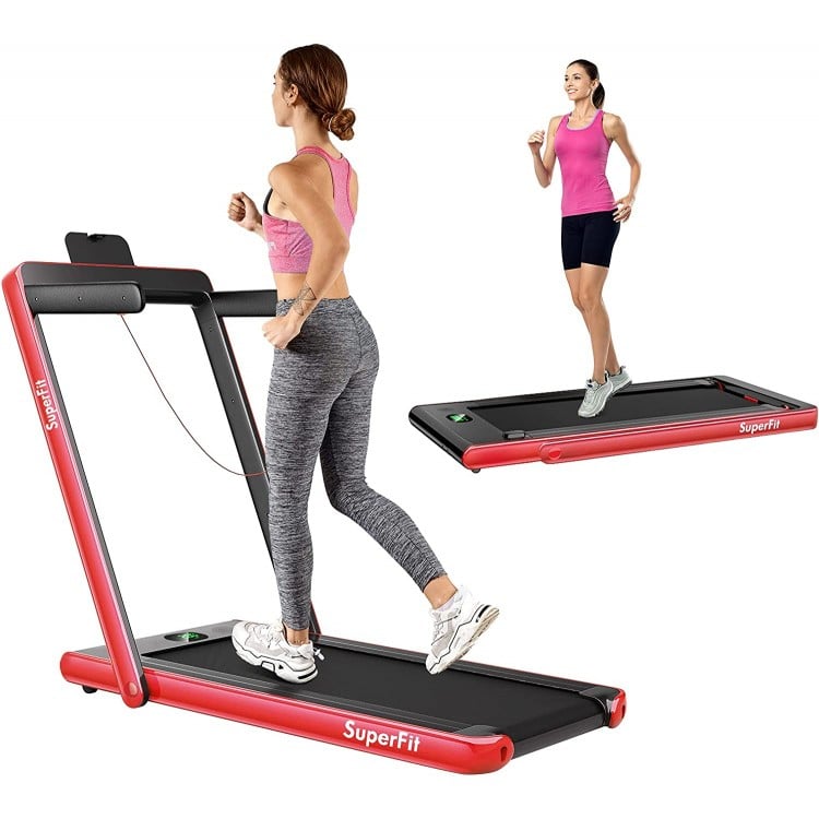 2-in-1 folding treadmill in red with remote control, suitable for walking and running, featuring a sturdy steel frame.