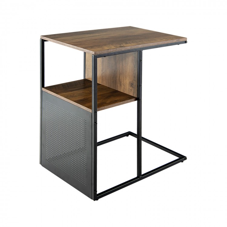 C-shaped side table with oak top and black steel frame, featuring a storage shelf, perfect for living room or bedroom.